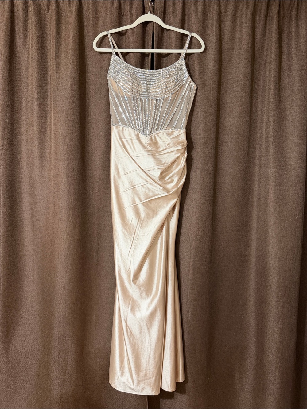 GB girls Champagne Beaded Satin Prom Gown